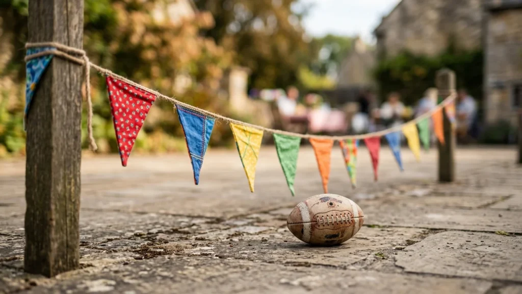 Un ballon de football américain posé au sol sous des fanions colorés suspendus dehors.