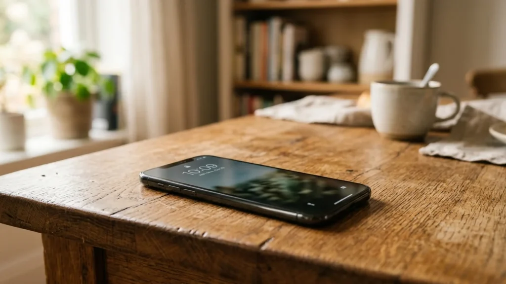 Un smartphone noir posé sur une table en bois dans une pièce lumineuse et confortable.