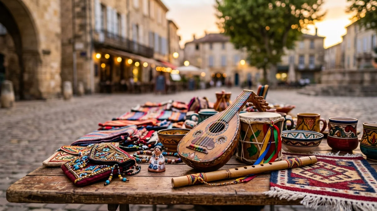 Une table en bois avec un luth, une flûte et des objets artisanaux colorés.