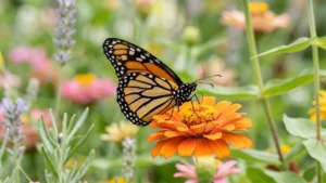 Un papillon monarque aux ailes orange et noires posé sur une fleur orange éclatante.