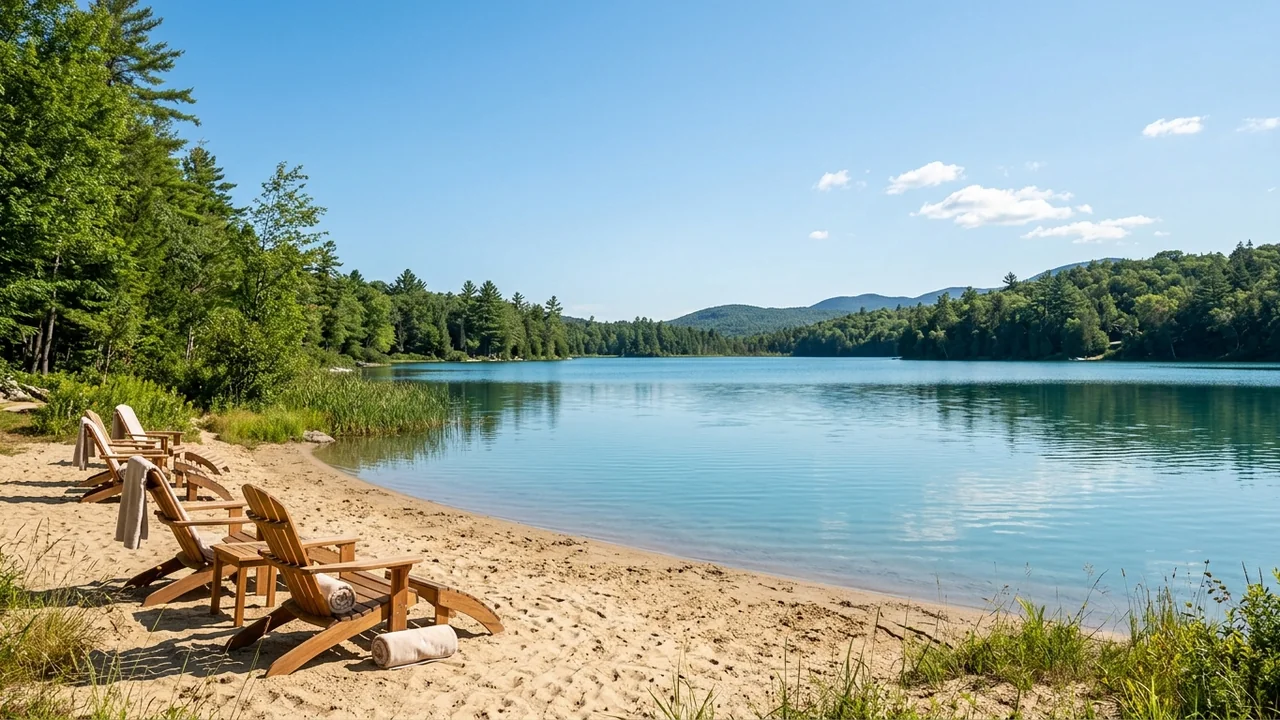 Des chaises longues en bois sur une plage de sable bordant un lac calme.