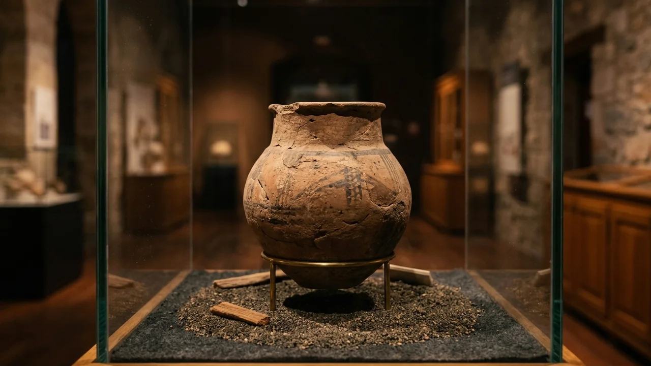 Un ancien vase en terre cuite décoré dans une vitrine de musée éclairée.