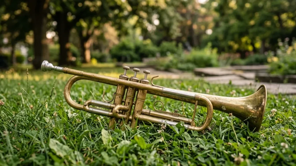 Une trompette dorée posée horizontalement dans l'herbe verte d'un parc en plein air.