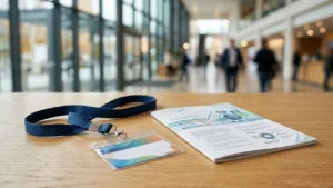 Un badge nominatif avec un cordon bleu et une brochure posés sur une table.