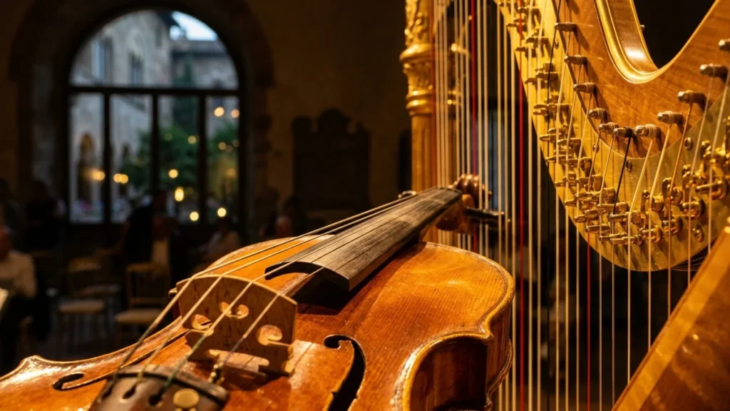 Gros plan sur un violon en bois devant une grande harpe dorée en arrière-plan.