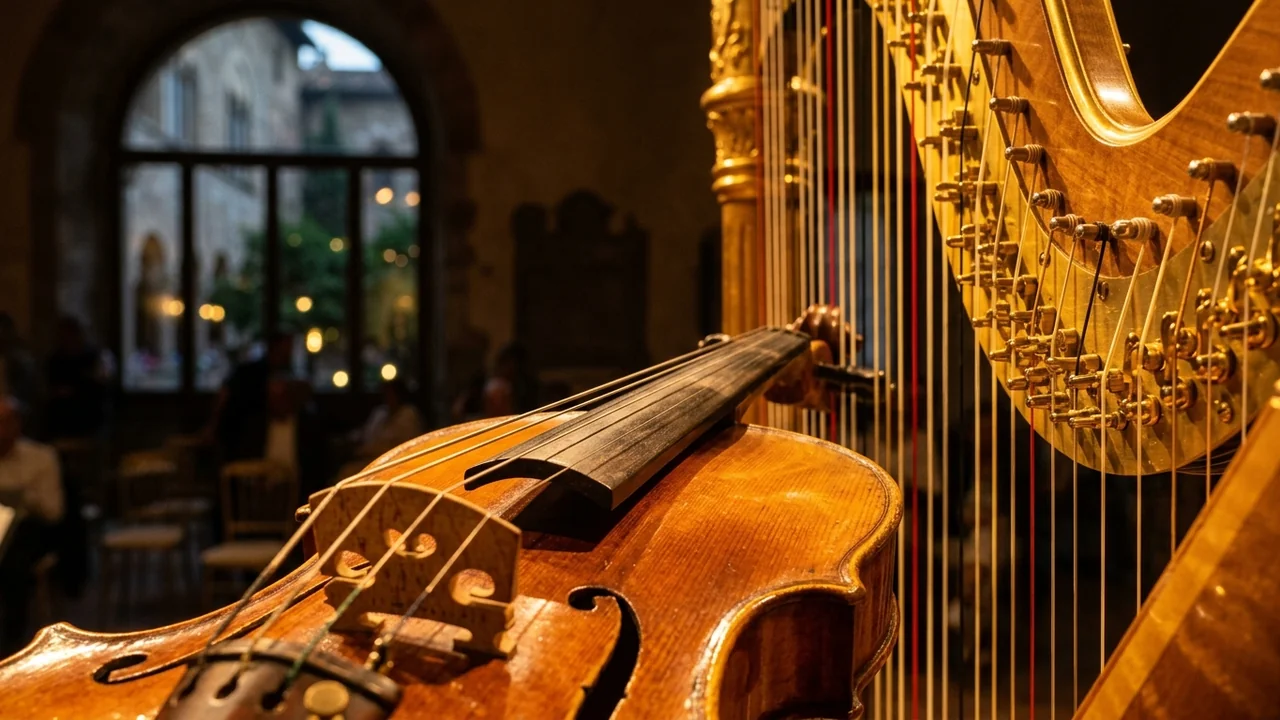 Gros plan sur un violon en bois devant une grande harpe dorée en arrière-plan.