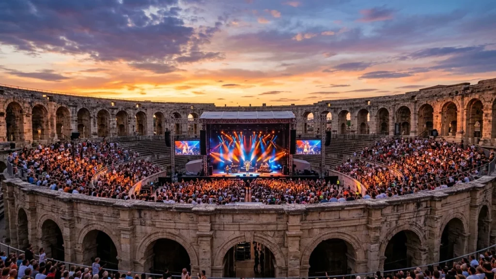Une vue large d'un concert en plein air dans les anciennes arènes de Nîmes.