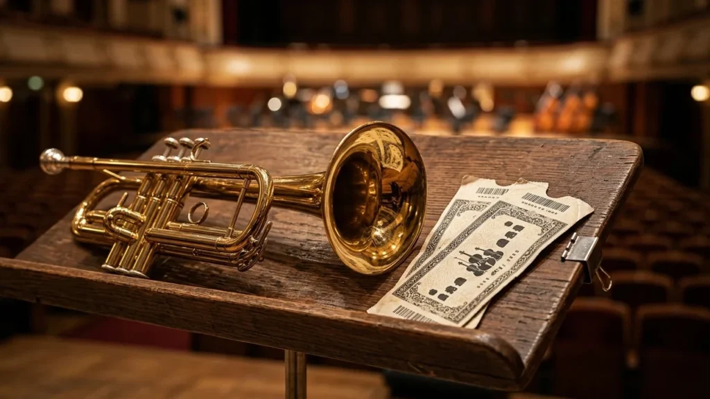 Une trompette dorée et deux billets de concert posés sur un pupitre en bois.