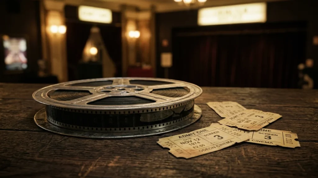 Une bobine de film vintage posée sur une table en bois avec des billets d'entrée.