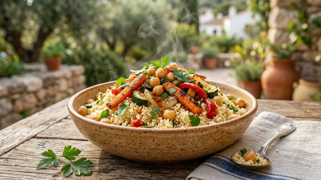 Un bol de couscous fumant avec des légumes grillés et des pois chiches frais.