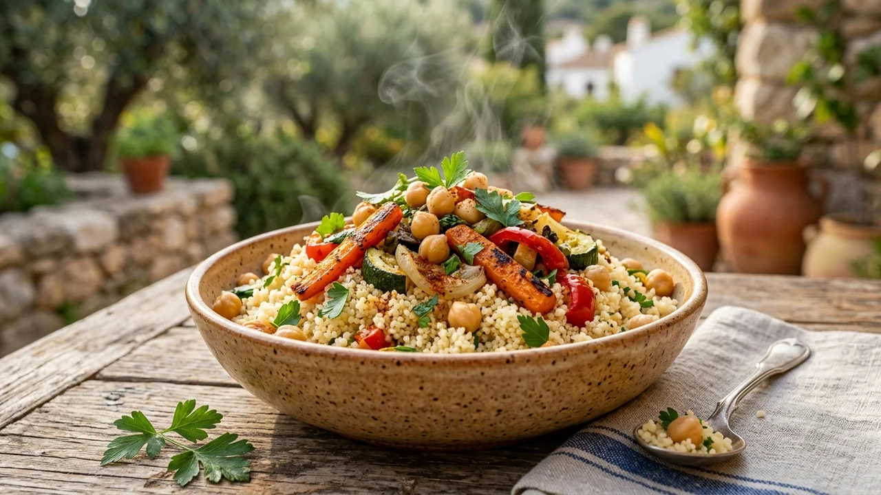 Un bol de couscous fumant avec des légumes grillés et des pois chiches frais.