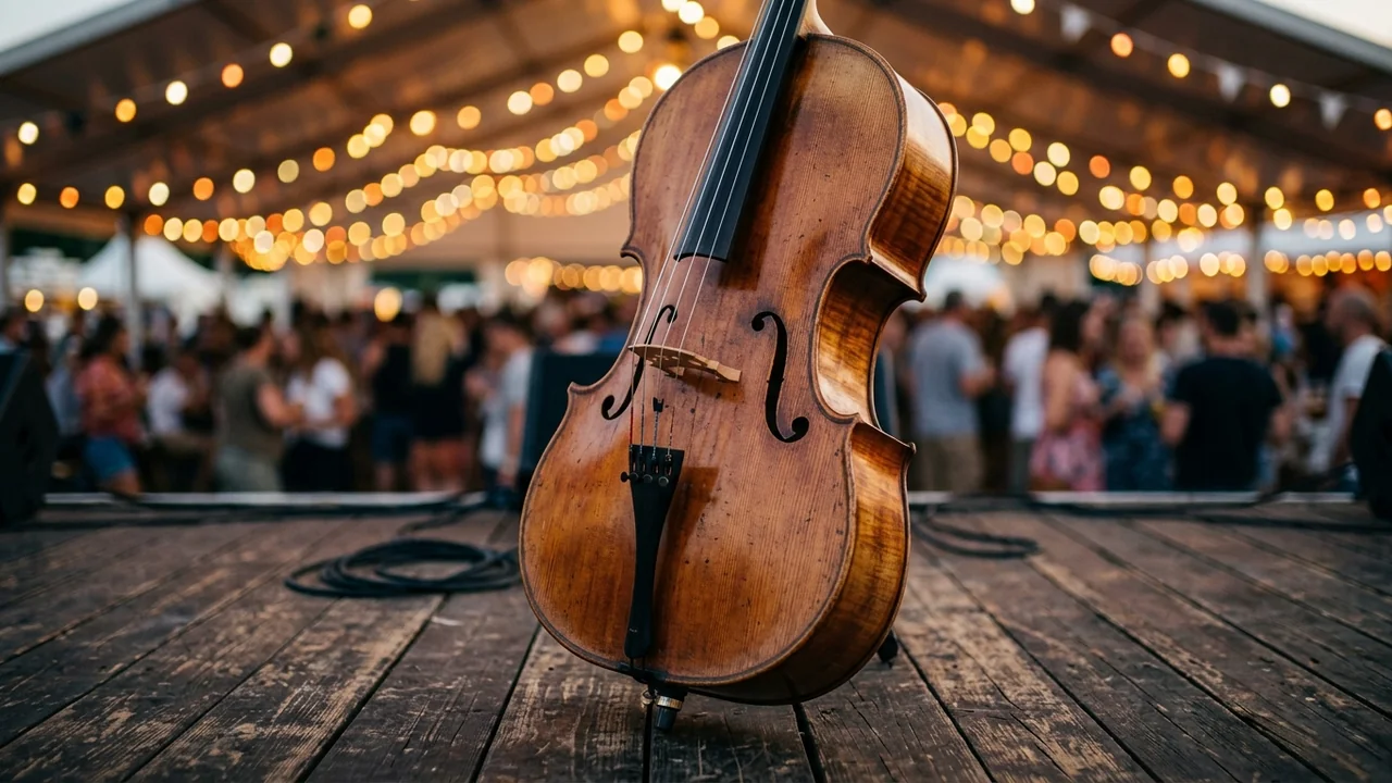 Un violoncelle posé sur une scène en bois lors d'un festival en extérieur.