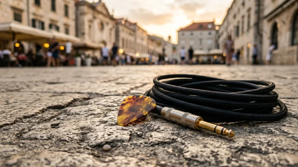 Un médiator de guitare et un câble audio posés sur les pavés d'une rue.