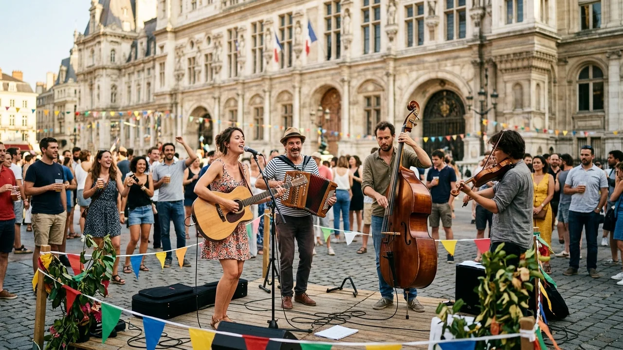 Un groupe de quatre musiciens joue de la musique sur une scène devant l'Hôtel de Ville.