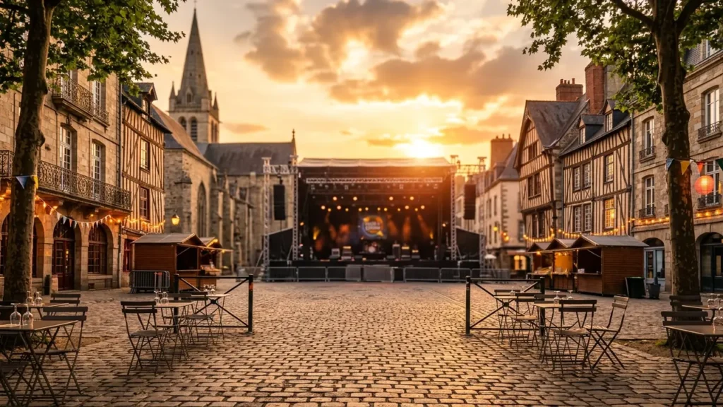 Scène de concert installée sur une place pavée historique entourée de maisons à colombages.