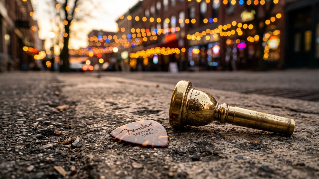 Un médiator Fender et une embouchure de trompette posés sur un pavé de rue urbaine.