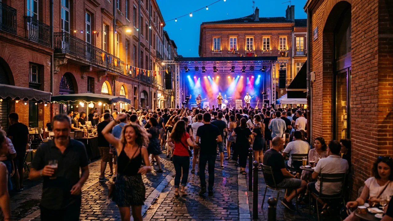 Foule de personnes dans une rue pavée animée par un concert en plein air nocturne.