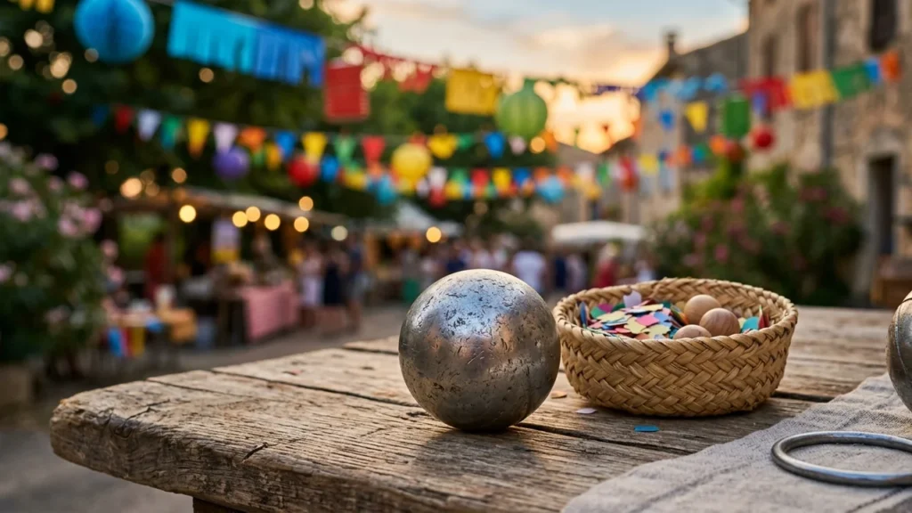 Une boule de pétanque métallique posée sur une table en bois lors d'une fête.
