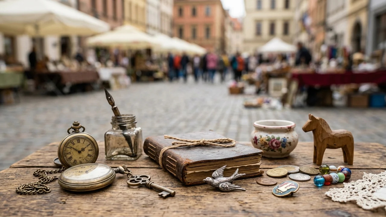Objets vintage dont une montre à gousset, un livre et une figurine sur une table.