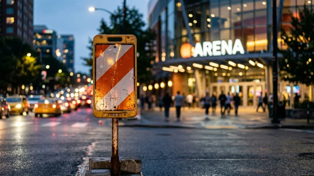 Un panneau de signalisation orange et blanc devant une arène éclairée le soir.