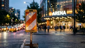 Un panneau de signalisation orange et blanc devant une arène éclairée le soir.