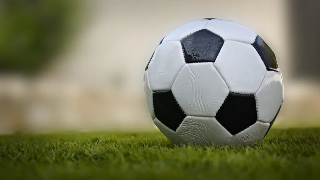 Un ballon de football classique posé sur une pelouse verte en France.