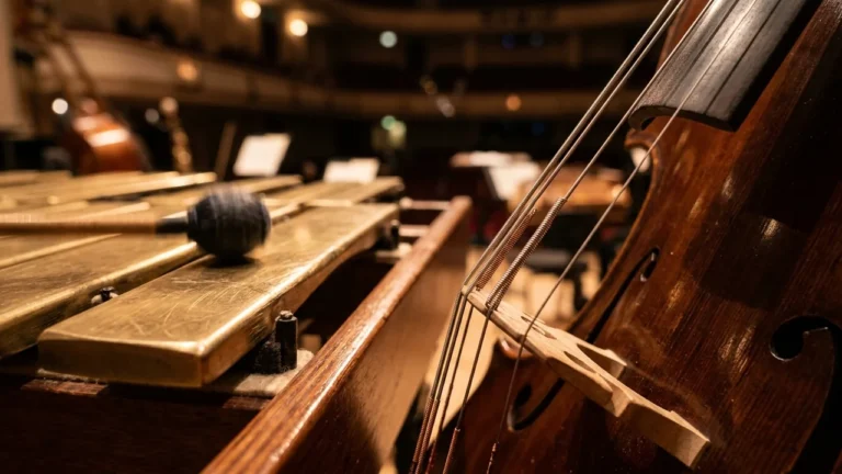 Gros plan sur un xylophone et un violoncelle sur la scène d'un orchestre symphonique.
