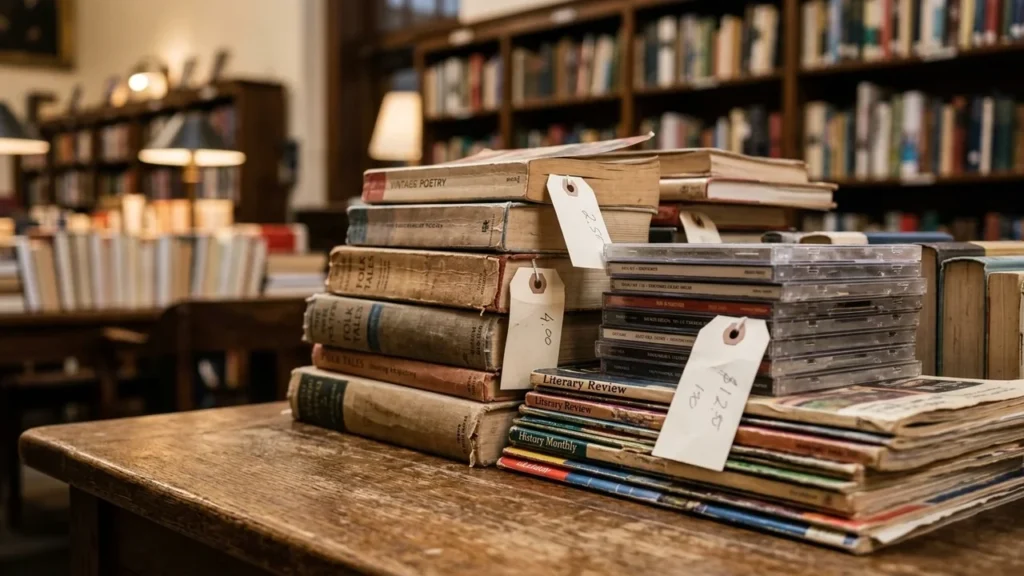 Piles de vieux livres et magazines avec des étiquettes de prix posés sur une table.