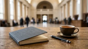 Un carnet gris et un stylo noir posés près d'une tasse de thé fumante.