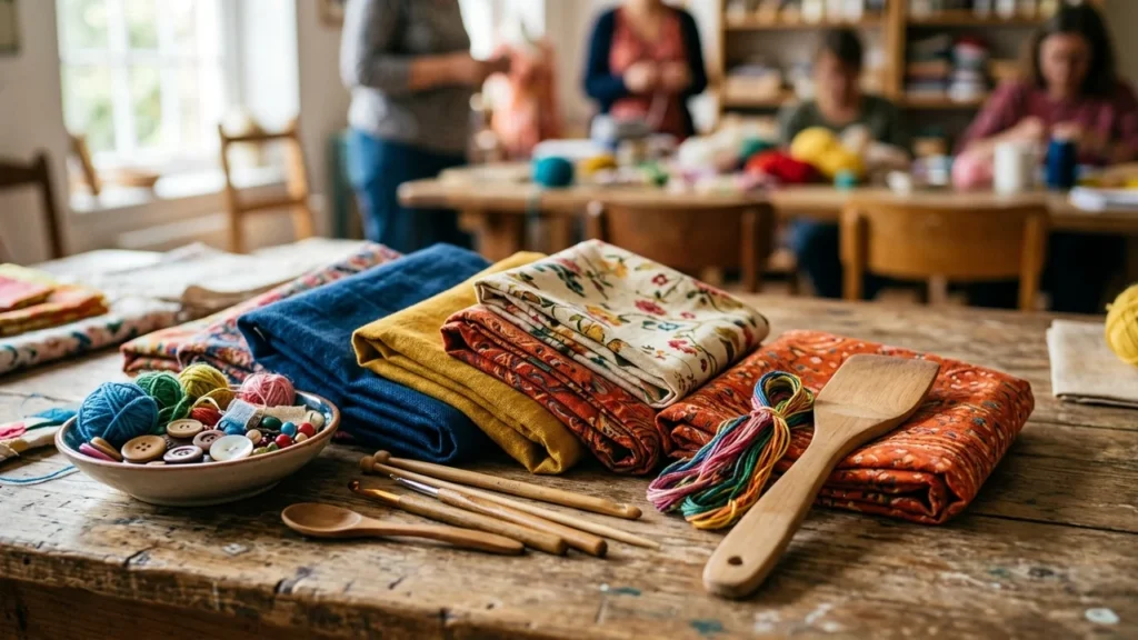 Des piles de tissus colorés, pelotes de laine et outils de couture sur une table.