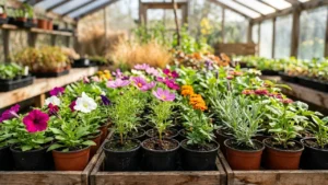 Plusieurs variétés de fleurs colorées en pots alignées dans une serre en bois ensoleillée.
