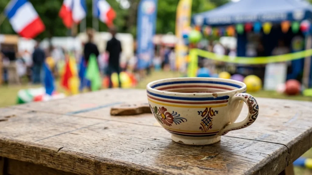 Une tasse en céramique décorée posée sur une table en bois lors d'un événement extérieur.