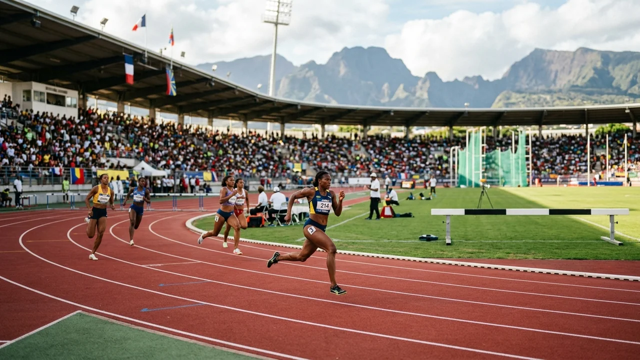 Plusieurs athlètes féminines courent sur une piste d'athlétisme devant des tribunes bondées de spectateurs.