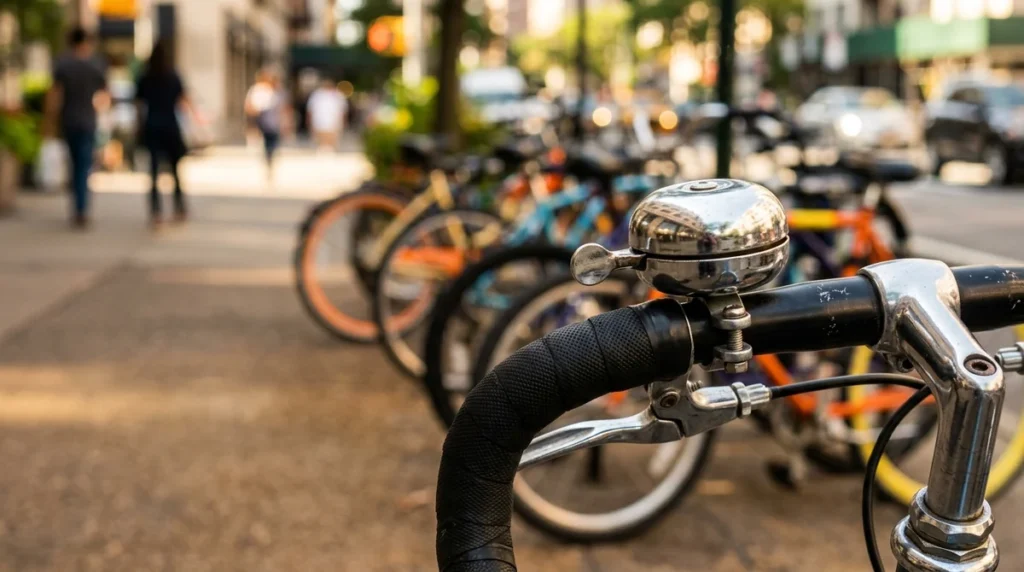 Gros plan sur une sonnette de vélo argentée fixée au guidon d'un vélo stationné.