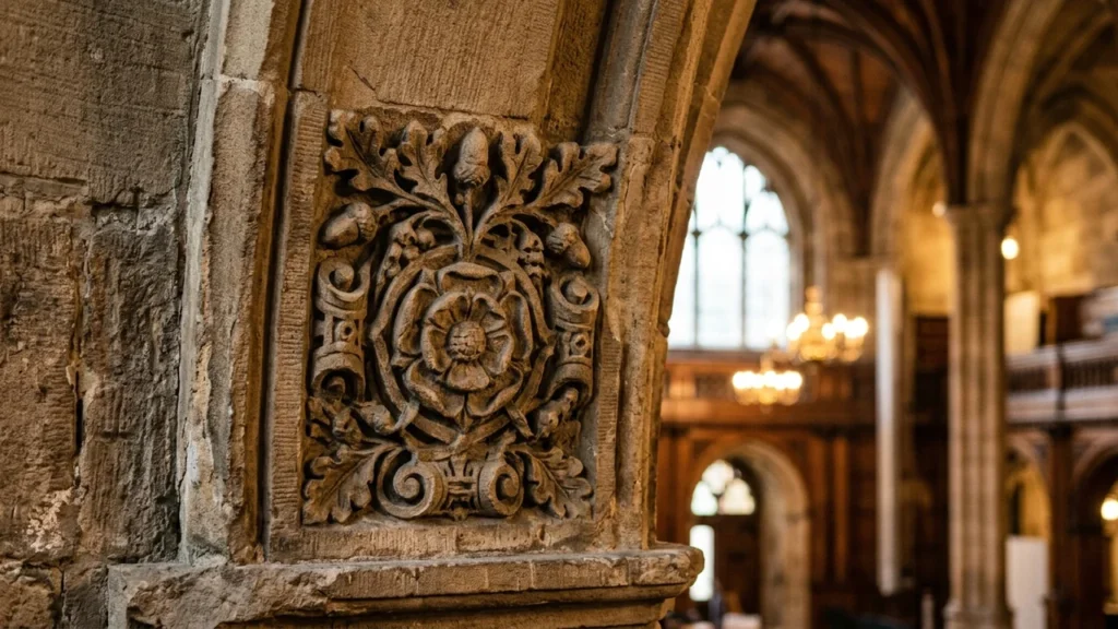 Gros plan sur une sculpture en pierre représentant une rose ornée de feuilles sur une arche.