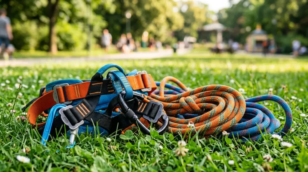 Un baudrier d'escalade orange et bleu avec des mousquetons posé dans l'herbe verte fleurie.