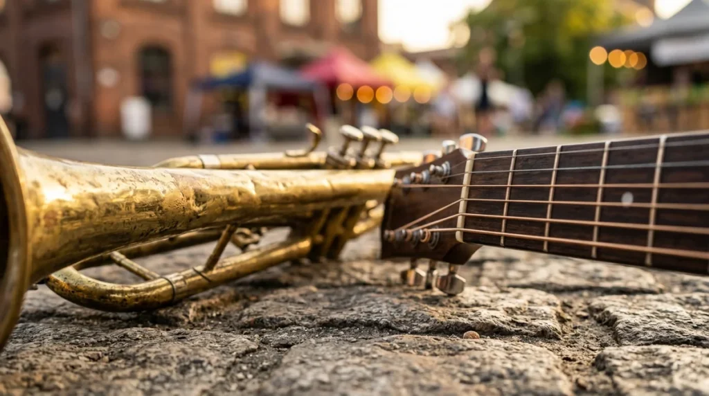 Une trompette dorée et un manche de guitare posés sur des pavés en extérieur.