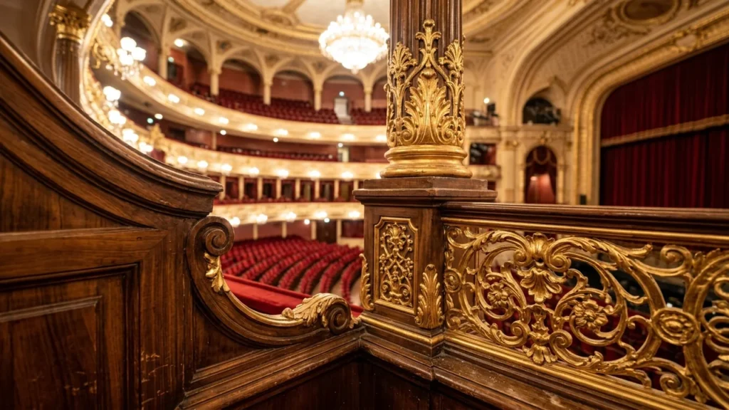 Vue depuis une loge d'opéra classique avec ornements dorés et sièges en velours rouge.
