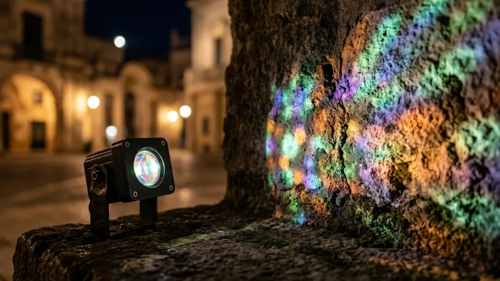 Un projecteur carré projette des reflets colorés et lumineux sur un vieux mur en pierre.