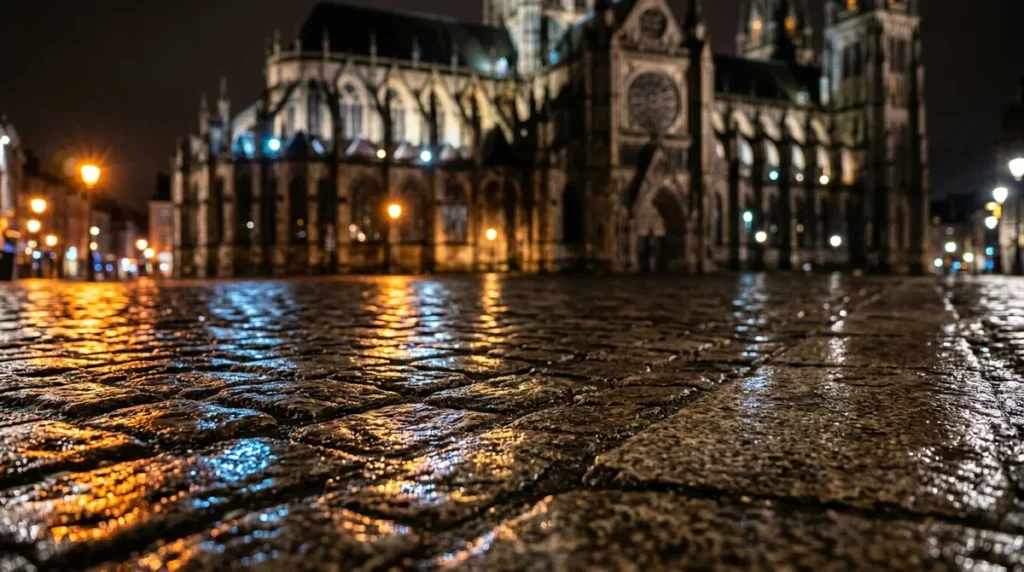 Une place pavée mouillée reflétant les lumières urbaines devant une cathédrale gothique la nuit.