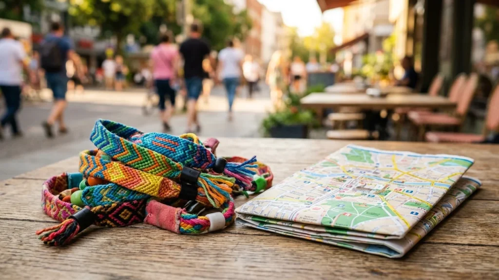 Des bracelets colorés tissés et une carte pliée posés sur une table en bois.