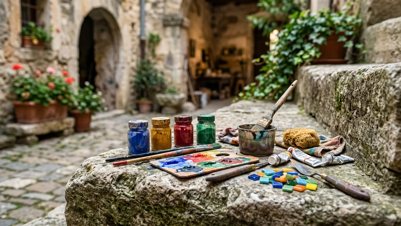 Pots de peinture, pinceaux et palette sur un rebord en pierre, décor extérieur rustique.