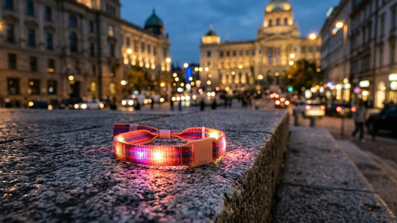 Bracelet lumineux multicolore posé sur un rebord en pierre, avec une ville illuminée en arrière-plan.