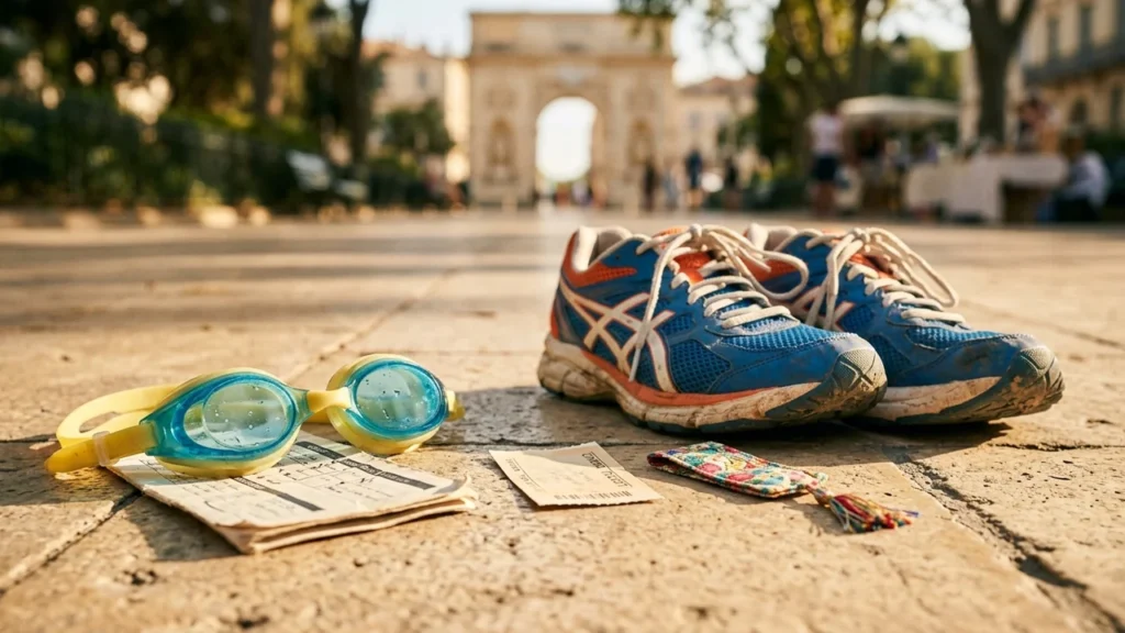 Paire de baskets bleues, lunettes de natation et documents posés sur un sol pavé extérieur.