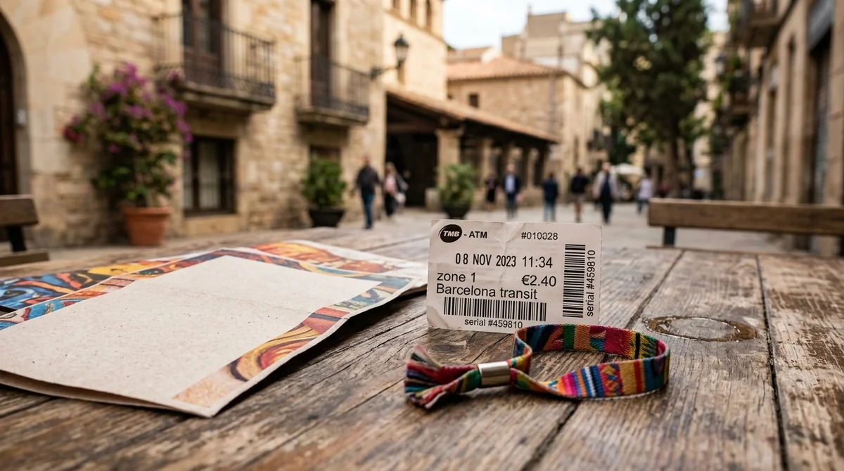 Un ticket de transport de Barcelone et un bracelet coloré sur une table en bois.