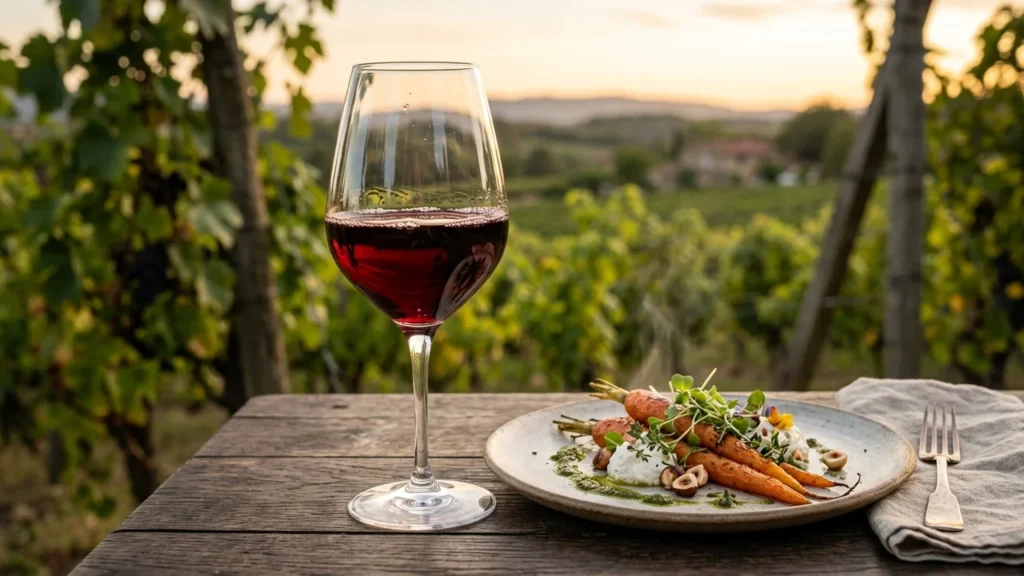 Un verre de vin rouge et une assiette de carottes rôties dans un vignoble.