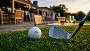 Une balle de golf Titleist et un fer posés sur l'herbe près d'une terrasse.
