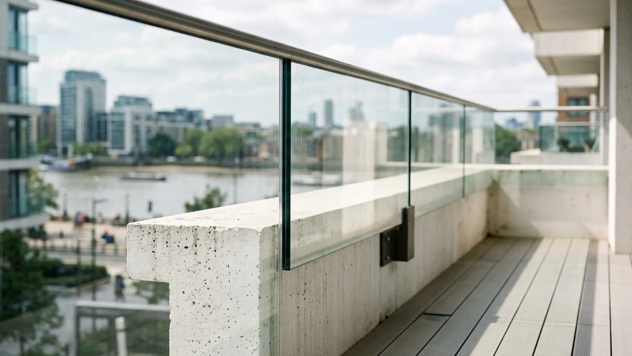 Balcon moderne avec garde-corps en verre surplombant une rivière et des immeubles urbains.