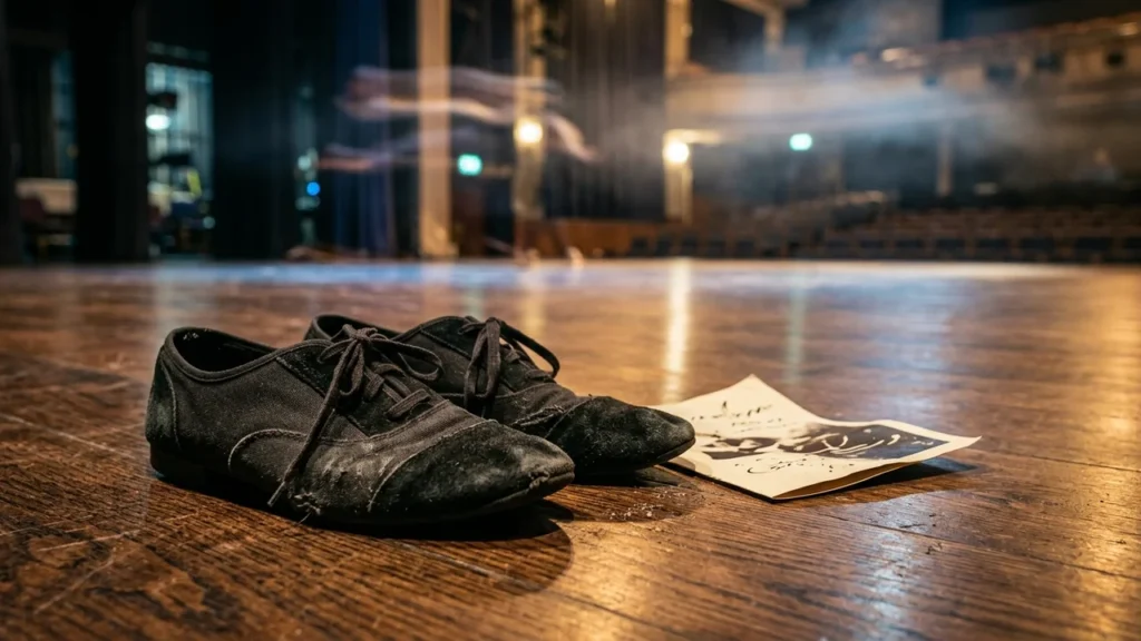Une paire de chaussures de danse noires usées posées sur une scène en bois sombre.