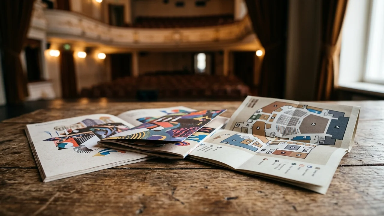 Des brochures illustrées ouvertes sur une table en bois devant une salle de théâtre.